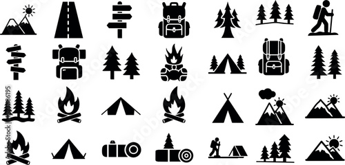Camping hiking adventure icons set black silhouette