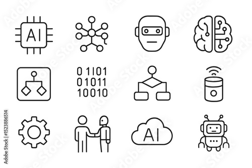 Ai icons set: robotics, machine learning, neural network, algorithms, cloud
