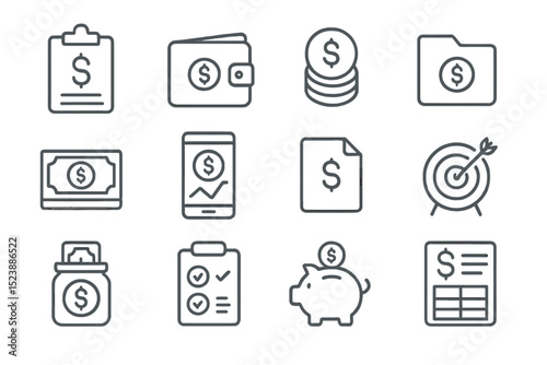 Financial icons set: budgeting, saving, investment, money management