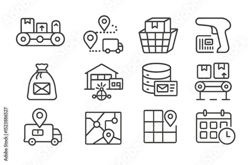 Logistics and delivery icons with cart, truck, and warehouse illustrations