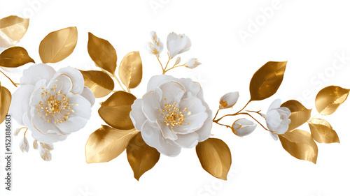 Elegant floral arrangement featuring white flowers and golden leaves on a white background