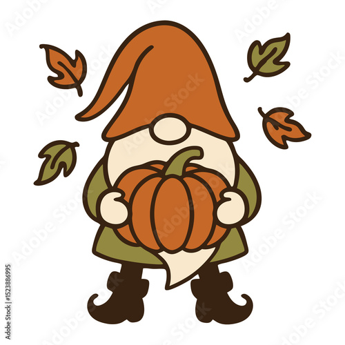 Adorable Autumn Gnome Embracing a Pumpkin.