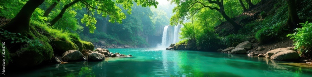 Fototapeta premium Khlong Lan's cascading water, lush green jungle backdrop, travel, Khlong Lan, Southeast Asia