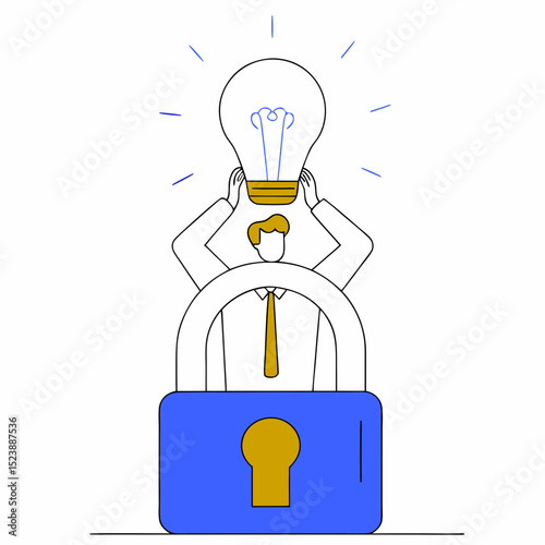Intellectual property, patented protection, copyright reserved or product trademark that cannot copy concept, businessman owner standing with light bulb idea locked with padlock for patents.
