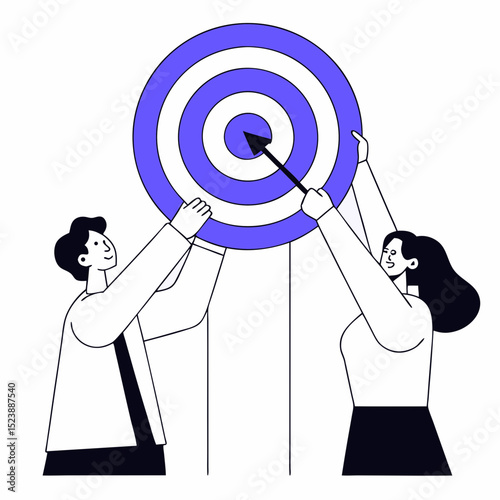 Team business goal, teamwork collaboration to achieve target, coworkers or colleagues with same mission and challenge concept, businessman and woman people help holding dart aiming on bullseye target