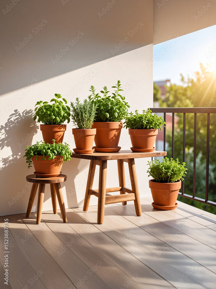 Fototapeta premium : Terracotta pots filled with lush herbs sit on a wooden balcony table, bathed in warm sunlight. Soft shadows stretch across the floor, enhancing the tranquil ambiance of this charming urban garden re