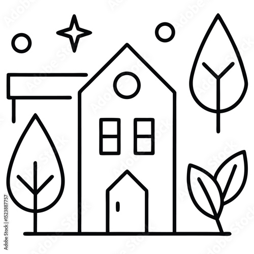 Minimalist line art illustration of a house surrounded by trees and natural elements for sustainable living concepts