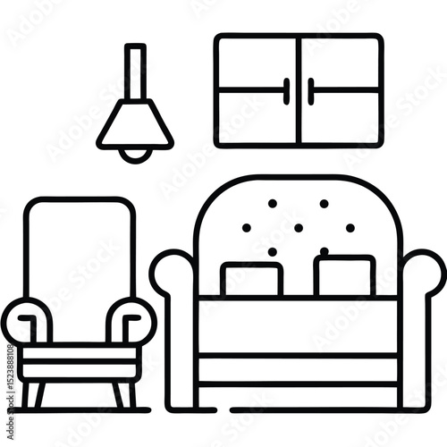 Modern line art illustration depicting a living room furnished with sofa armchair and light fixture
