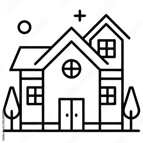 Modern line art illustration of a residential house with tree and plus sign elements, graphic icon
