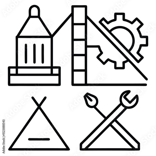 Set of construction engineering and repair tools in modern line art style and minimalist design
