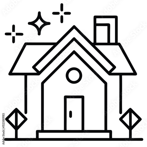 Simple line art illustration of a house with chimney and sparkling decorative symbols