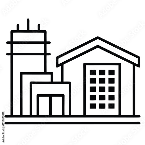 Simple line art illustration of factory building warehouse and modern architectural structures