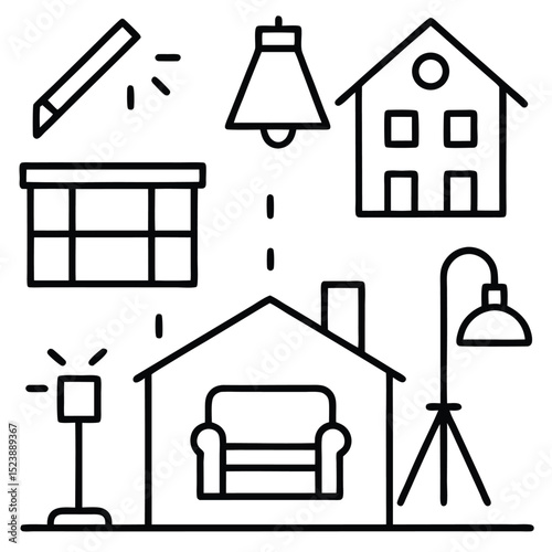 Simple line art illustration of home interior elements including windows lamps and a sofa