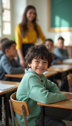 Joyful boy smiling in a classroom