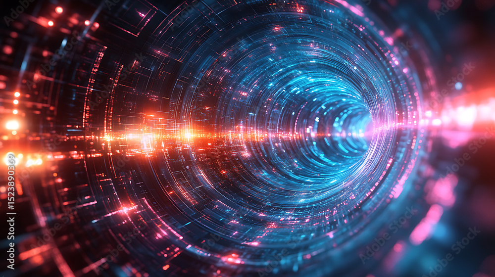 Obraz premium Digital tunnel abstract background featuring scifi neon glowing lights and data transmission depicting highspeed connectivity in futuristic technology