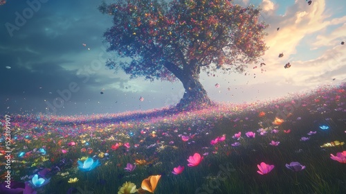 Um vasto campo de flores selvagens se estende infinitamente sob um cÃ©u dourado, cada flor vibrando com cores iridescentes e formatos exÃ³ticos, como se fossem retiradas de diferentes mundos. Algumas 