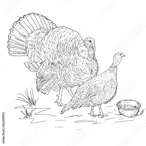 Turkeys in the grass next to a bowl, poultry from a farm, black and white ink sketch. Vector illustration. Village birds, isolated on a white background. For kitchen decoration, textiles, packaging