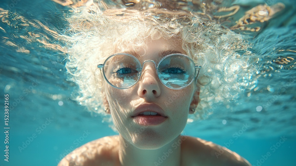 Fototapeta premium Woman with platinum blonde curly hair and glasses submerged in clear water enjoying a serene moment