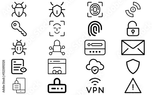 Set of cybersecurity and data protection icons vector. Security, privacy, shield, lock, and network symbols

