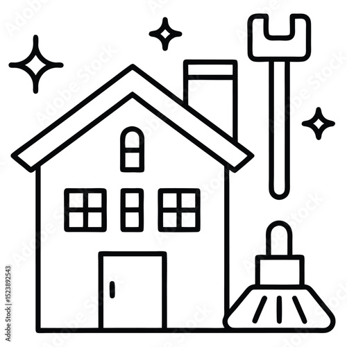 Vector illustration of a clean house concept with cleaning tools and sparkling elements line art