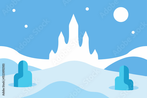 Winter snow mountain landscape with trees, houses, and a cold night sky