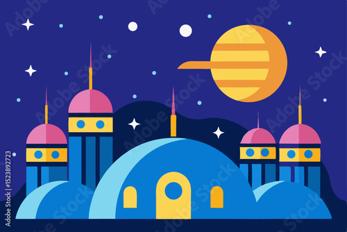 Silhouette vector illustration of a mosque architecture at night, under the moonlit sky, a symbol of religion and culture in the city