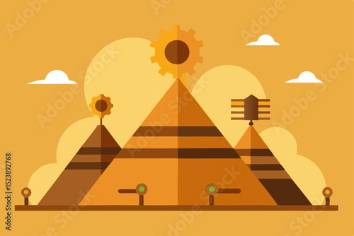 Egyptian pyramids in a desert landscape with a vibrant orange sunset sky and camel silhouettes