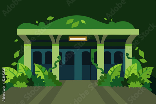 Old cartoon house in a forest with an eco-friendly design and sustainable energy in an urban landscape