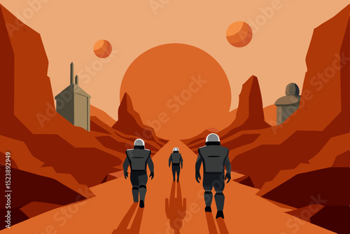 People travel across dry desert landscapes and city streets under a vast sky, silhouetted by the sun's warm glow