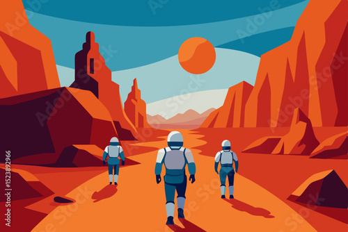 Couple in desert landscape illustration with mountains and sunset sky silhouette