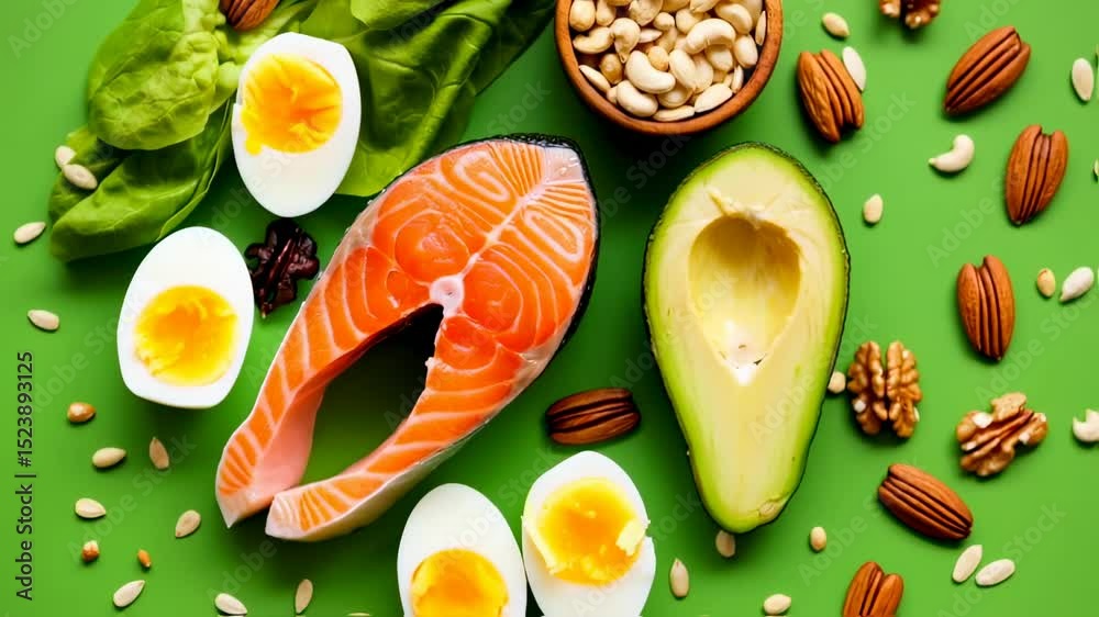 nutritious balanced composition displays fresh salmon, boiled eggs, avocado and nuts arranged for a healthy eating concept