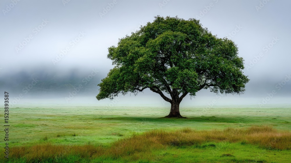 Fototapeta premium Mental clarity on self recovery and peace balance concept. A solitary tree stands in a serene, misty green landscape.