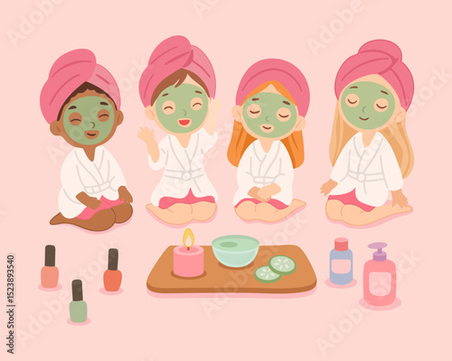Group of spa girls sitting on floor with bowls, creams, and essential bottles, wearing towels and face masks in soft colors for skincare designs. Vector illustration