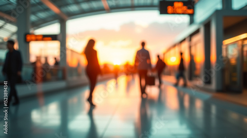 Blurred silhouettes of passengers walking through the terminal against the sunset sky, giving the scene a romantic touch