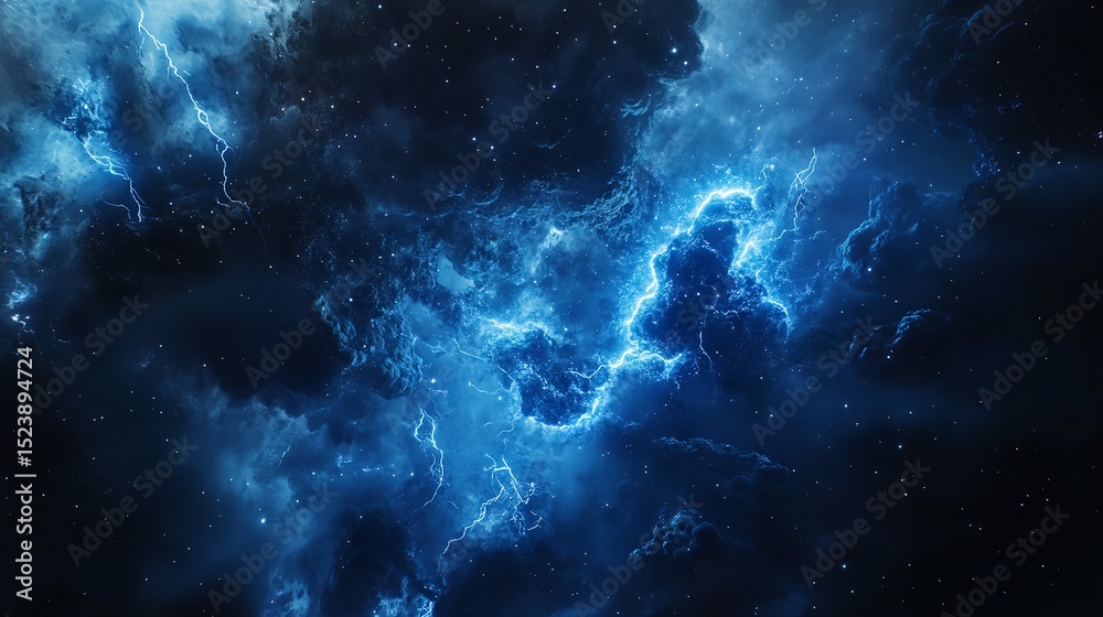 Fototapeta premium Electric Storm Fury: A dramatic and powerful image of a lightning storm raging across the night sky. The vibrant blue lightning bolts illuminate the dark, brooding clouds
