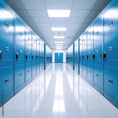 Modern school hallway with blue lockers and bright reflection on glossy floor