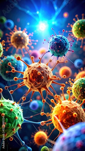 Vibrant microscopic view of diverse viruses and bacteria in vibrant colors