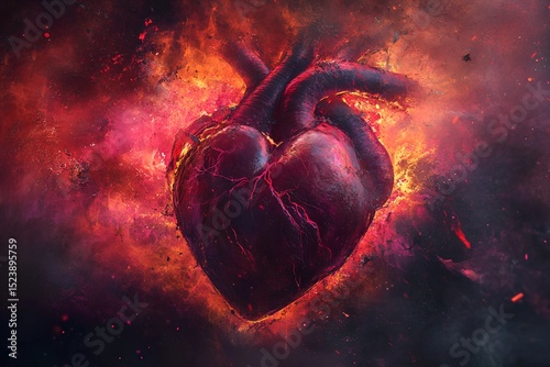 Fiery human heart with glowing cracks, artistic representation of passion and intensity, surreal anatomical artwork photo