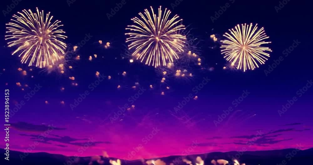 Violet sky filled with silver and gold fireworks