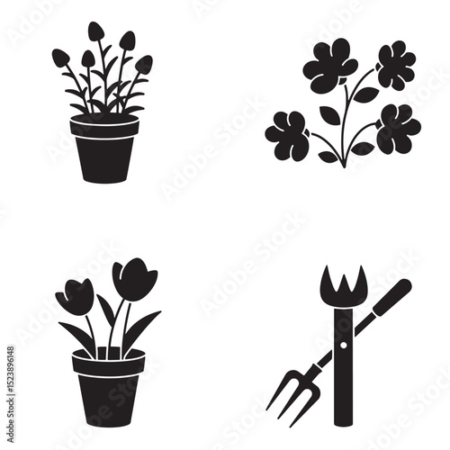 Black silhouette icons featuring flowers in pots and gardening tools for botanical designs