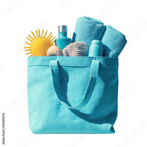 A light blue beach bag with summer accessories inside, such as sunscreen and towels. The background is white to highlight the vibrant colors of  items, front and close-up view.