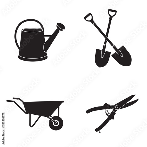 Gardening tools silhouette set watering can shovel wheelbarrow and garden shears