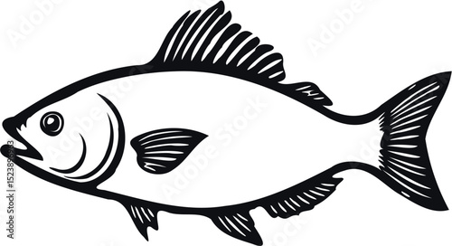 solid black silhouette: simple fish shape, clean lines, fresh seafood symbol, isolated white, high demand icon.