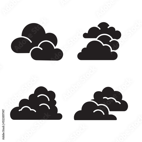 Simple silhouette cloud icons set illustrating weather meteorology climate forecast symbol design