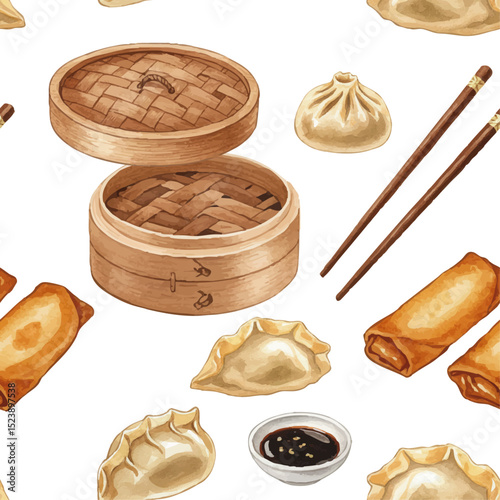 Vector watercolor Chinese Dim Sum / 水彩テイストの中華点心パターン
