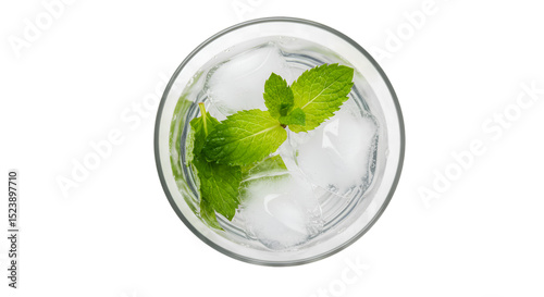 Refreshing drink with ice cubes and vibrant green mint leaves in a glass