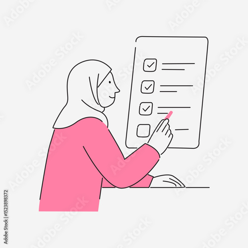 Muslim Woman Checking To-Do List Flat Vector Illustration