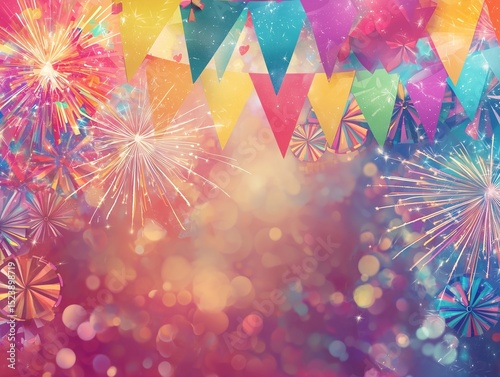 Festive Celebration Background with Glittering Fireworks, Party Banners, and Sparkling Bokeh Lights