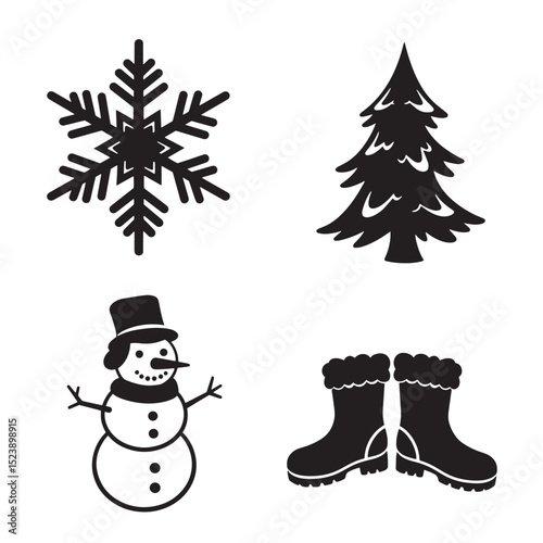 Christmas winter icons set featuring snowflake christmas tree snowman and cozy boots silhouette designs
