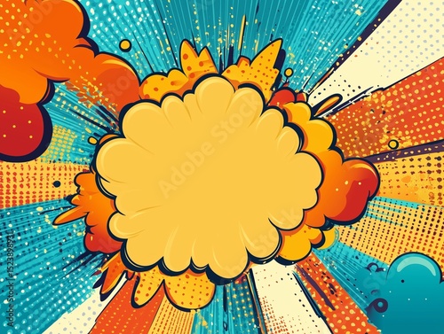 Energetic Comic Style Blank Explosion Cloud with Halftone Pop Art Rays and Fragmented Elements for Impactful Message or Design